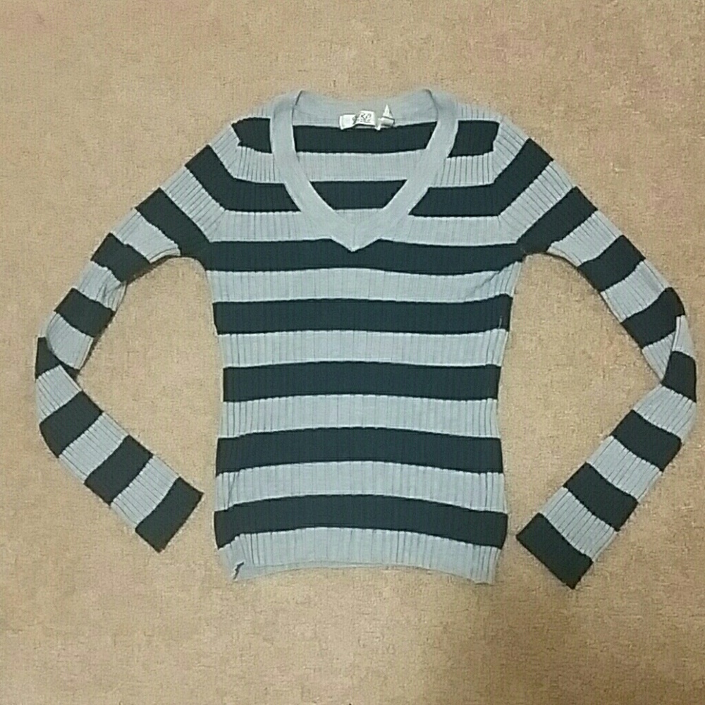 Navy Blue & Gray Stripe V-neck Sweater. Size XS.